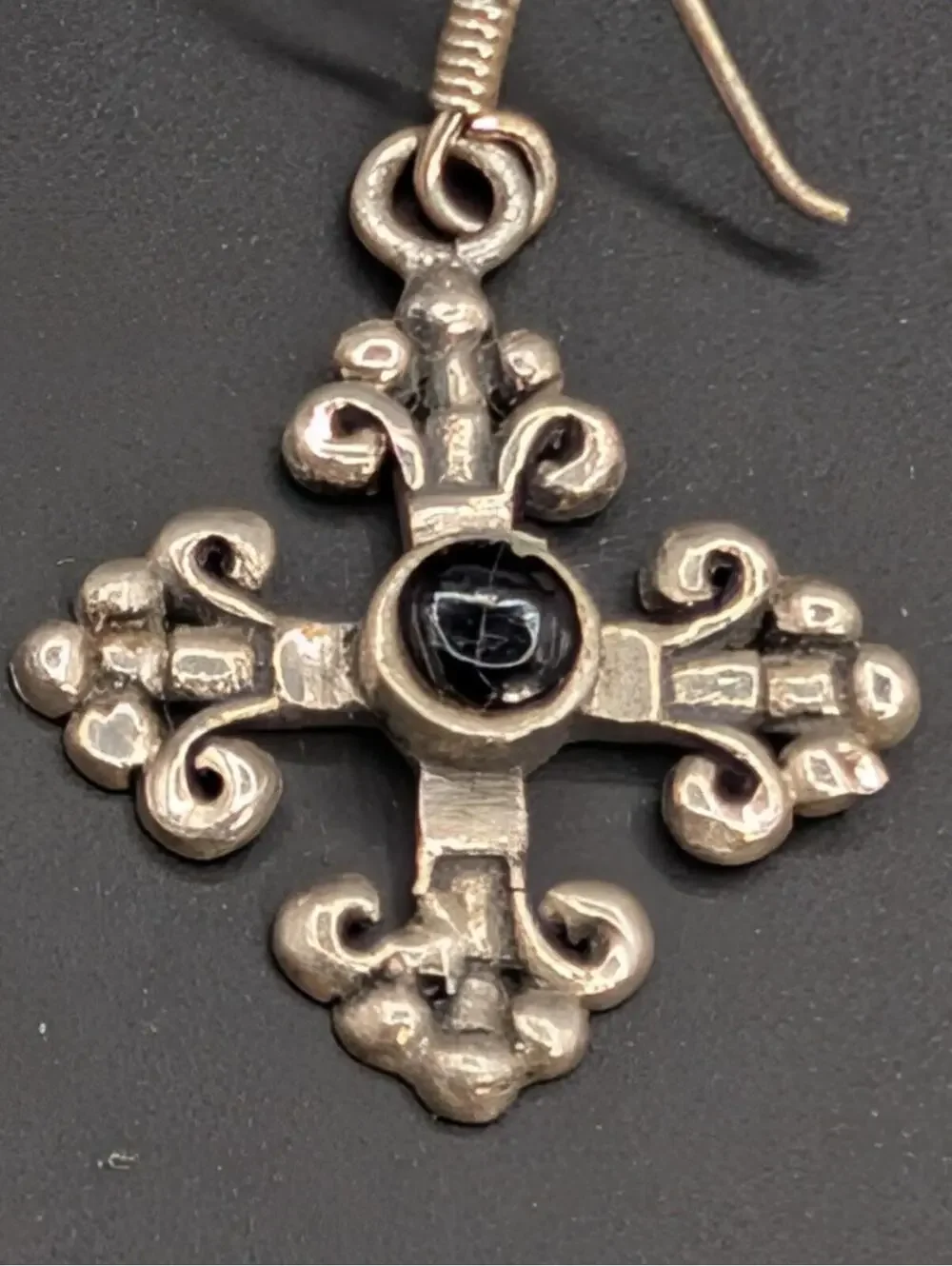 Vintage 925 Sterling Silver CM Fleur De Lis Cross Earrings Black Onyx 3.69g